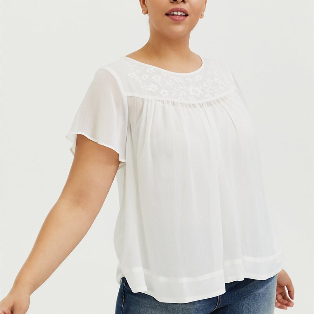 Torrid - WHITE EMBROIDERED CHIFFON BLOUSE